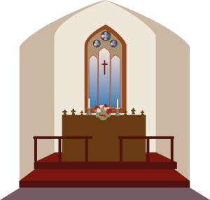Church altar with stained-glass window, cross, candles, and floral arrangement under arched frame.