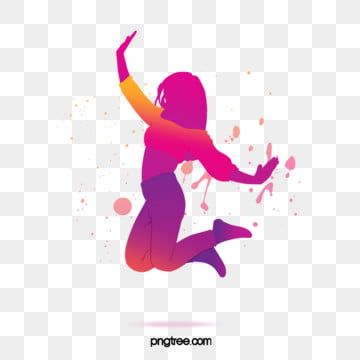Silhouette of a joyful woman leaping mid-air with vibrant pink-to-purple gradient and paint-splatter effects.