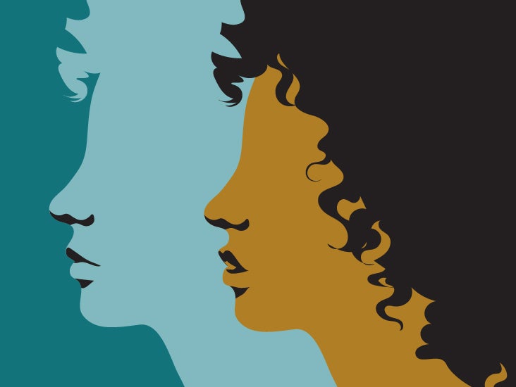 Silhouetted profiles of two women facing each other-one light blue, one golden brown-against teal and black backgrounds, symbolizing diversity and connection.