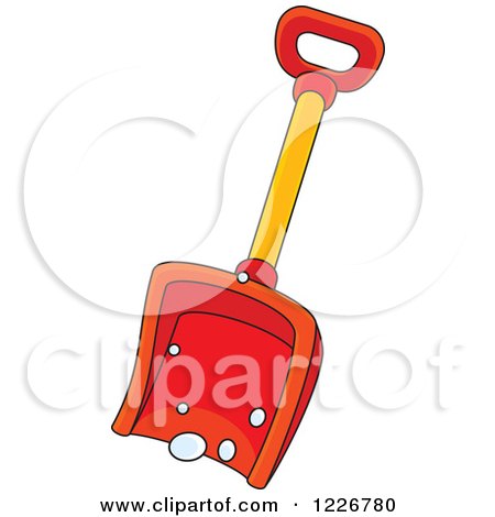 Bright red plastic snow shovel with yellow handle and D-grip, cartoon-style illustration on white background.