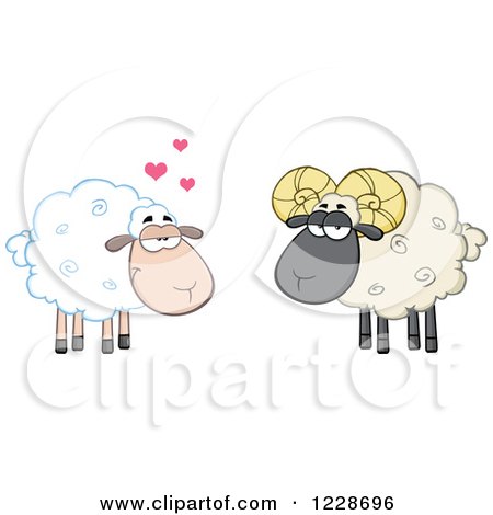 Two cartoon sheep in love-white ewe with hearts, gray ram with curly horns-standing side by side on white background.