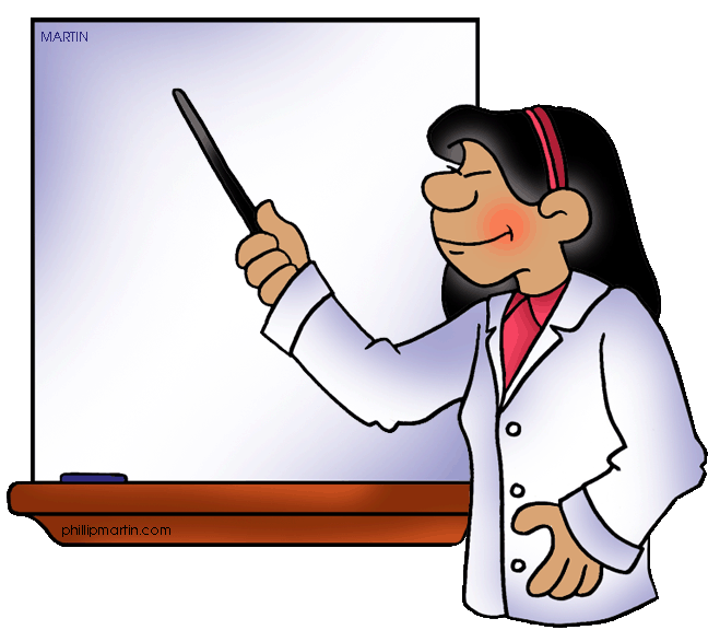 A smiling female scientist in a white lab coat points to a whiteboard with a pointer stick.