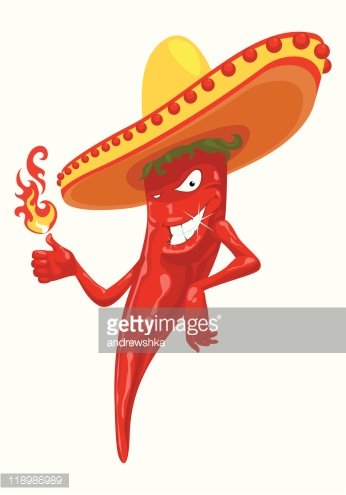 Animated red chili pepper wearing a sombrero, holding a flame, with a playful grin.