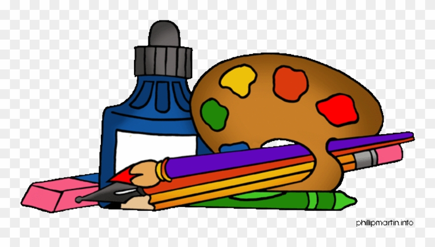 Colorful art supplies including paint bottle, palette, pencils, crayons, and eraser arranged together.