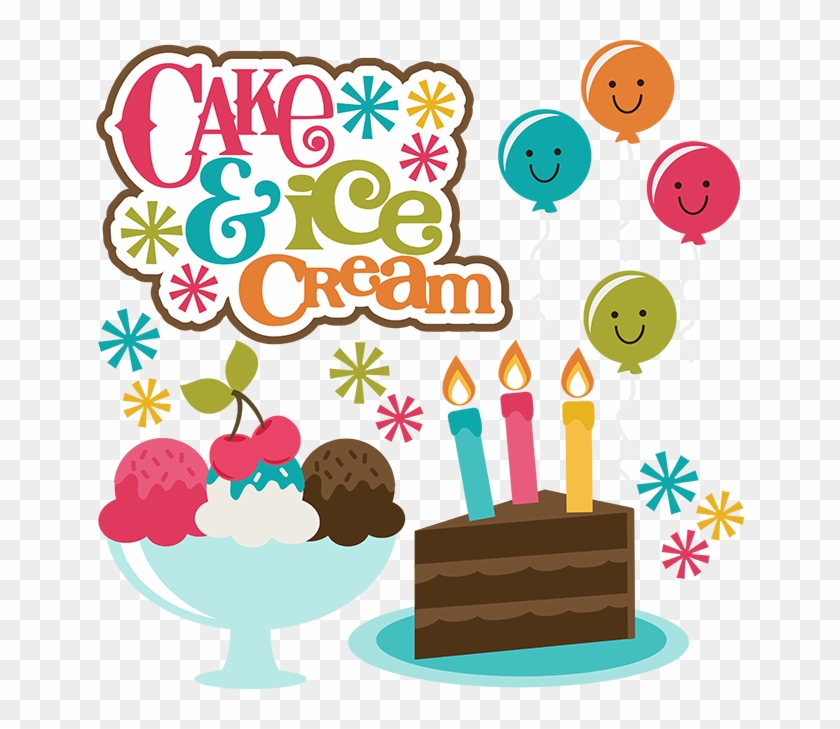 Colorful birthday illustration with cake, ice cream, candles, and smiling balloons under "Cake & Ice Cream" text.