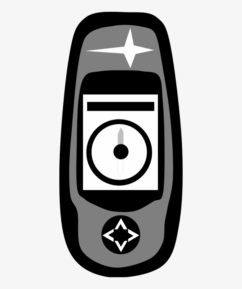 Stylized grayscale illustration of a handheld GPS device with compass display and navigation buttons.