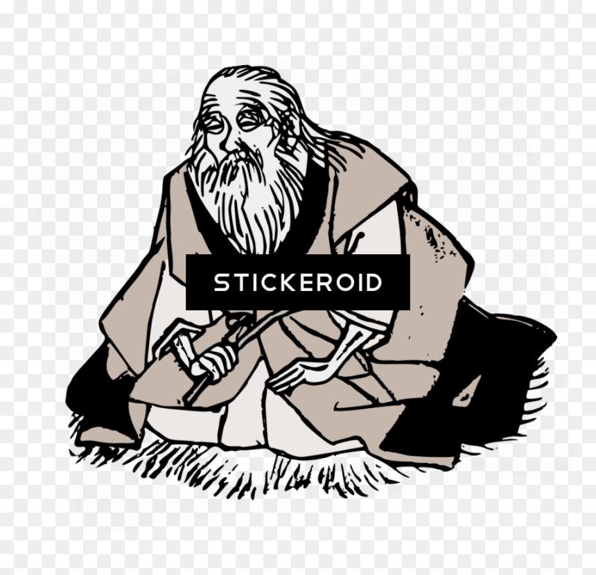 Illustrated elderly bearded man in traditional robes, seated cross-legged with hands gesturing, labeled "STICKEROID".
