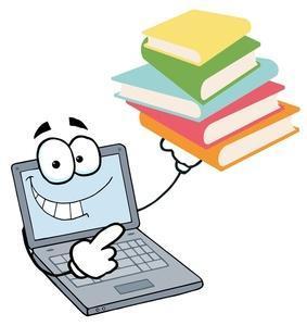 Smiling cartoon laptop with arms and eyes holding a stack of colorful books, symbolizing online learning or digital education.