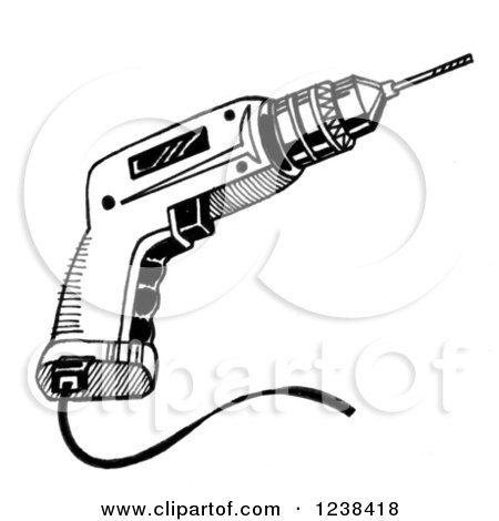 Black-and-white line art illustration of a corded electric drill with chuck, trigger, and power cord.