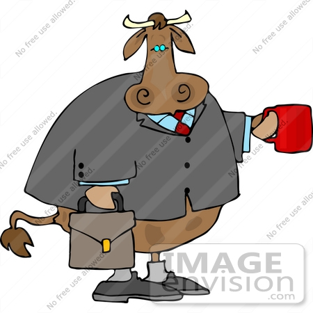 Cartoon bull in business suit holding red coffee mug and briefcase, wearing glasses and tie.