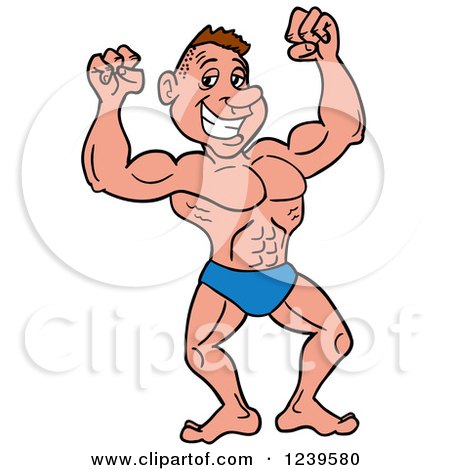 Cartoon muscular man flexing arms with big smile, wearing blue briefs, cheerful and strong.
