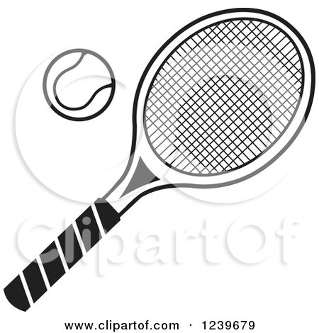 Black-and-white line art of a tennis racket and ball, stylized with grid-patterned strings and striped grip.