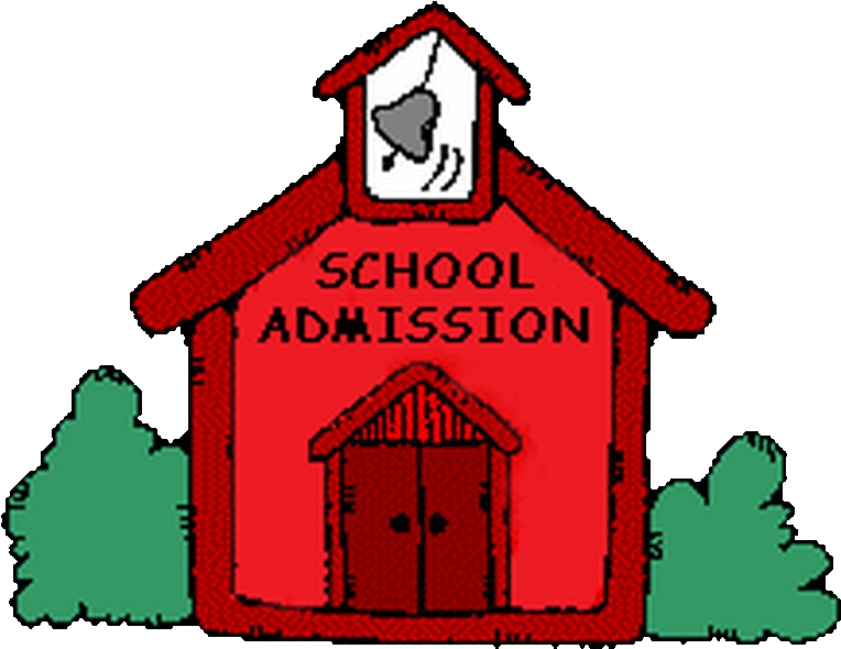 Red cartoon schoolhouse with bell tower and "SCHOOL ADMISSION" text, flanked by green bushes.