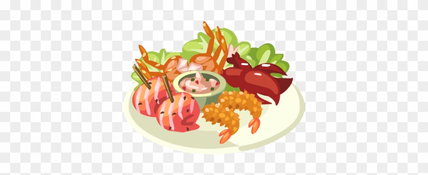 Colorful seafood platter with lobster, shrimp, sashimi, salad, and dipping sauce on a white plate.