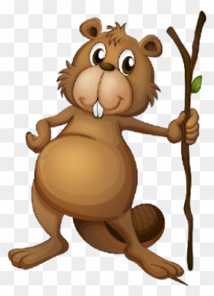 Cartoon beaver holding a twig with green leaf, smiling and standing upright on transparent background.