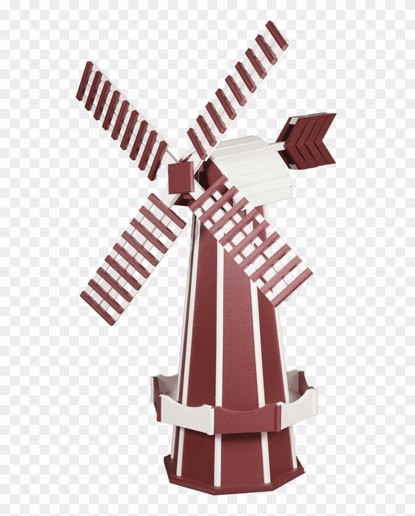 Decorative red-and-white striped wooden windmill model with four slatted blades and tail vane, isolated on transparent background.