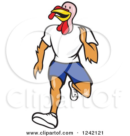 Cartoon turkey mascot running in athletic gear-white shirt, blue shorts, sneakers-with cheerful expression and raised arm.
