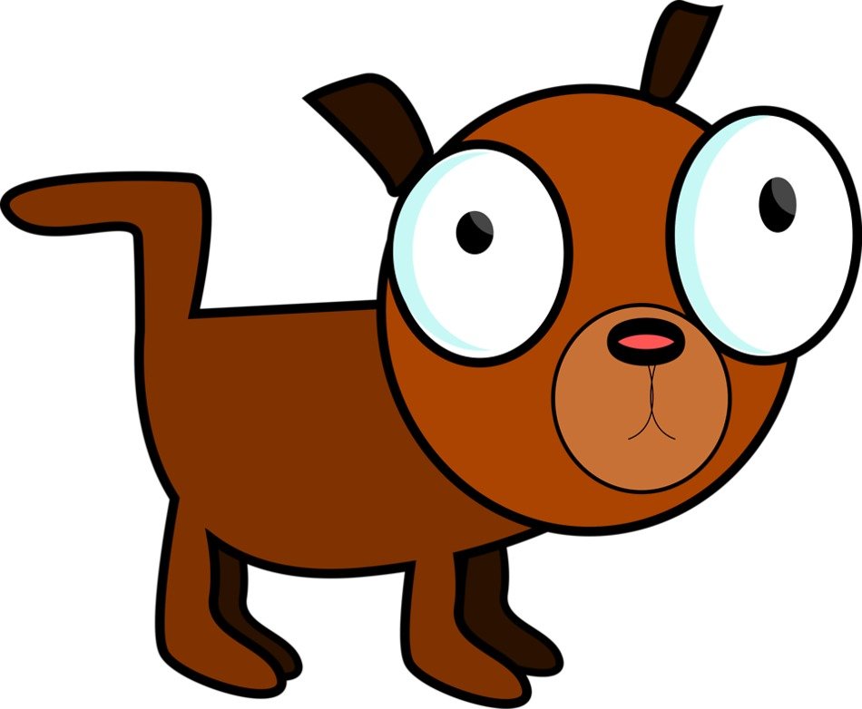 Cartoon brown dog with oversized eyes, perky ears, and a curious expression.