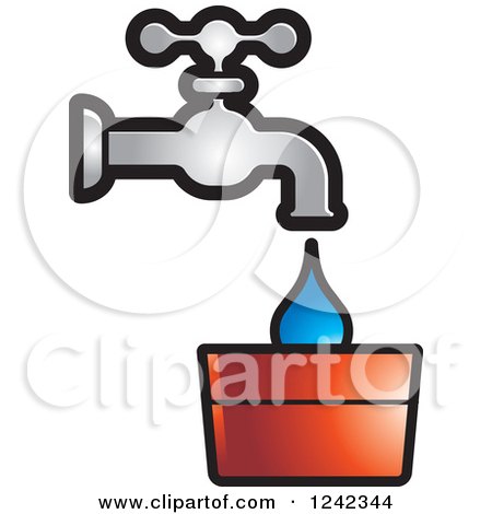 A chrome faucet dripping a blue water drop into a red-orange container, symbolizing water conservation or filling.