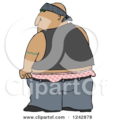Cartoon of a muscular man in a bandana, sleeveless shirt, and low-slung jeans with checkered underwear visible.