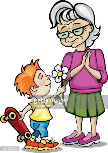 A smiling boy with red hair offers a white daisy to his elderly grandmother, who clasps her hands gratefully; he holds a skateboard.