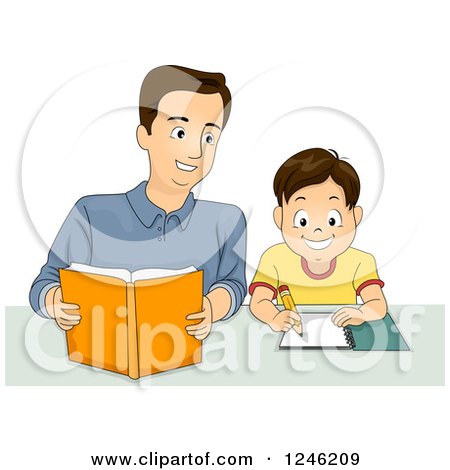 A smiling father reads a book while his son writes in a notebook at a table.