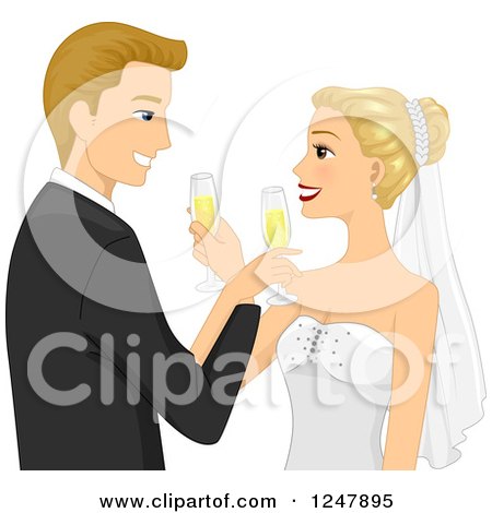 Smiling bride and groom toasting with champagne glasses on their wedding day.