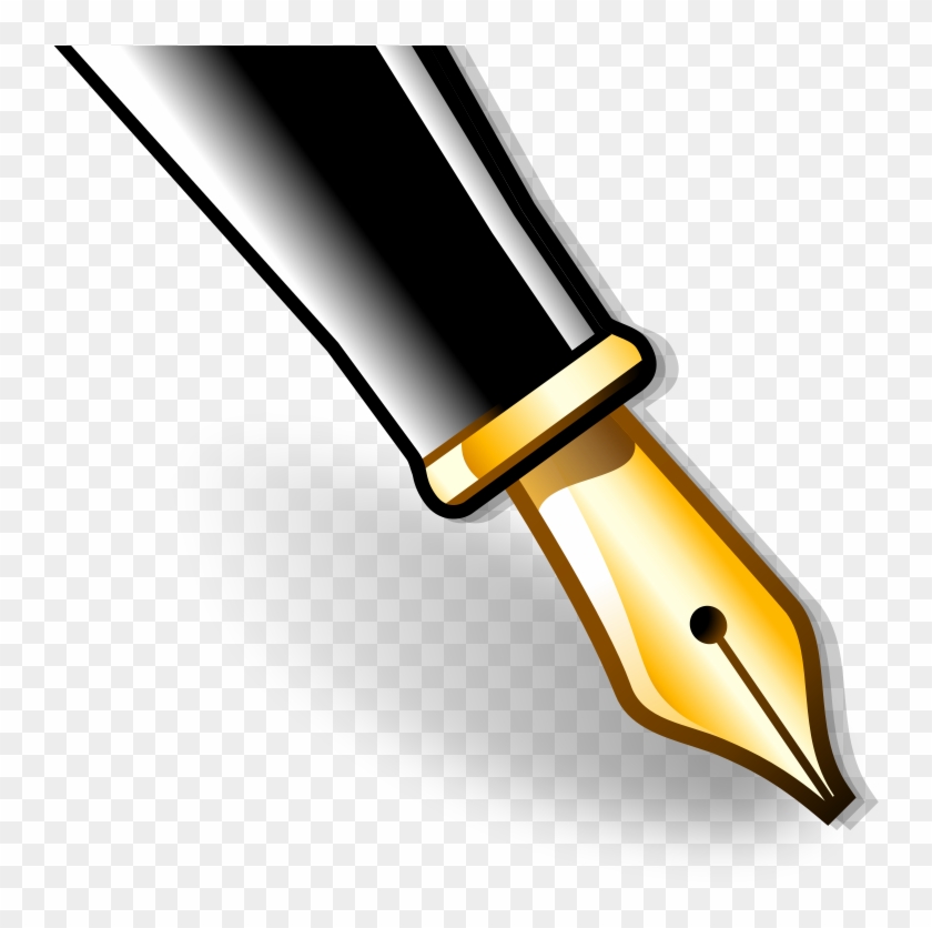 Golden-nibbed fountain pen with black barrel, angled on transparent background.