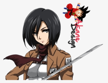 Mikasa Ackerman from Attack on Titan holding a vertical maneuvering sword, with a Dragon Ball Z Goku doodle and "Akane Design" signature.