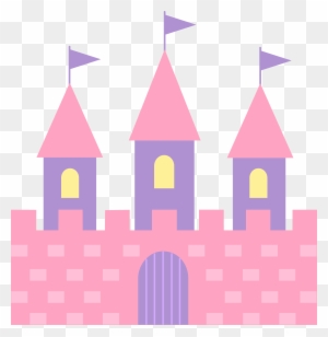 Pink and purple cartoon castle with three turrets, flags, arched door, and checkered walls.