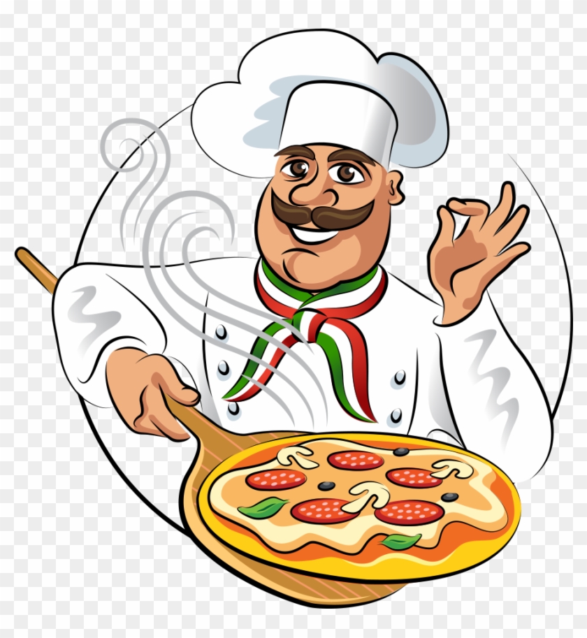 Cartoon chef with mustache and Italian scarf holding steaming pizza on wooden peel, giving OK sign.