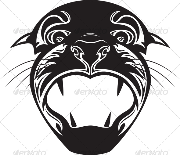 Stylized black-and-white tribal panther head with open jaws, sharp fangs, and intricate decorative patterns.