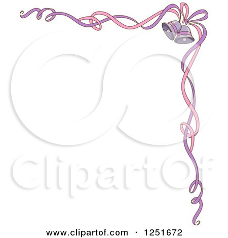 Decorative corner border with pink and purple ribbons and two silver bells, ideal for festive or celebratory designs.