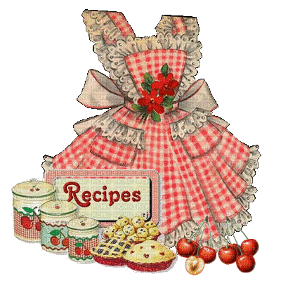 Vintage red-and-white gingham apron with ruffles, cherries, pies, jars, and a "Recipes" sign.