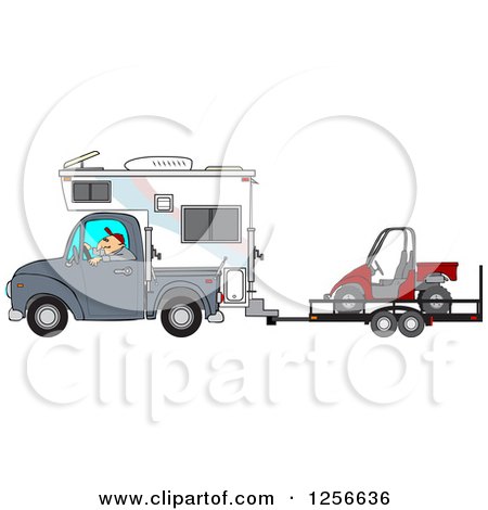 Gray pickup truck towing a camper trailer with a red utility vehicle on a flatbed trailer.