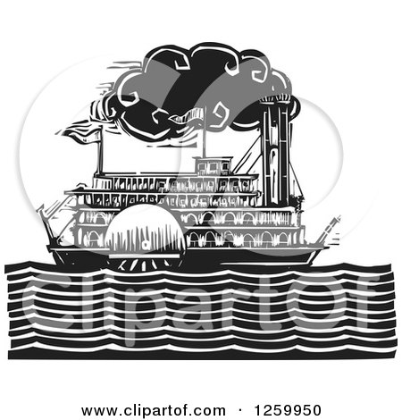 Black-and-white woodcut-style illustration of a steamboat with smokestack, paddlewheel, and American flag on rippling water.