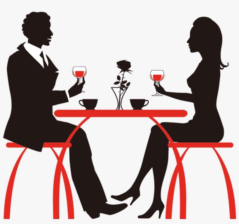 Silhouette of a man and woman sharing wine at a red table with a rose centerpiece, suggesting romance or fine dining.