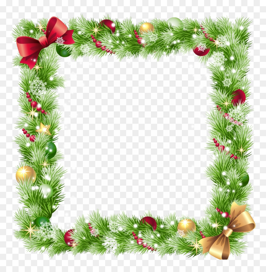 Festive Christmas garland frame with pine branches, red and gold ornaments, bows, snowflakes, and sparkling lights on transparent background.