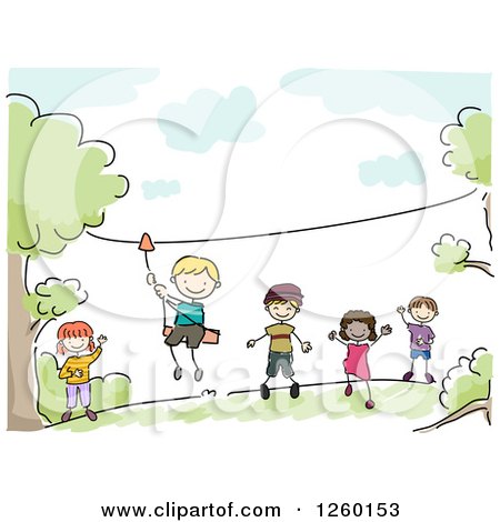 Kids Playing on Rope Bridge - Joyful Outdoor Adventure Illustration