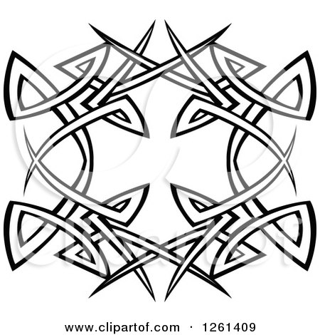 Black and white Celtic knotwork design with interwoven triangles and sharp points forming a symmetrical circular pattern.
