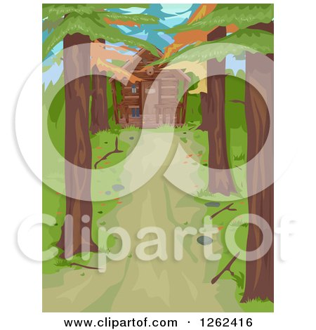 A cozy wooden cabin nestled in a lush green forest with tall trees and a winding path leading to its door.