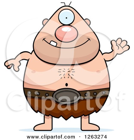 Cartoon caveman with big belly, single eye, and loincloth waving cheerfully.