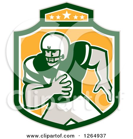 Green and white American football player in action, holding ball, inside shield crest with stars.