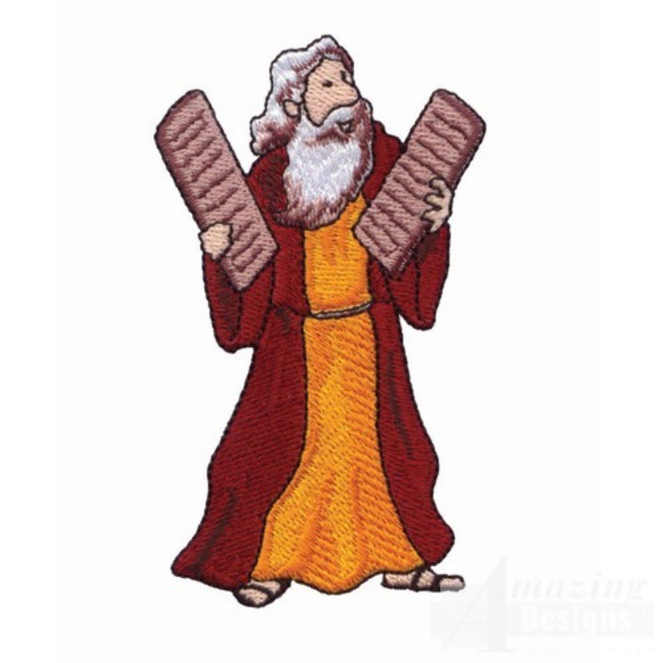 Embroidered depiction of Moses holding two stone tablets with the Ten Commandments, wearing a red robe over an orange tunic.