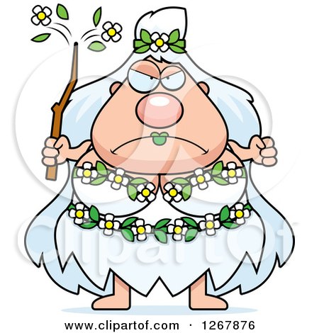 Angry cartoon tribal elder with white hair, flower crown, and staff emitting magical blossoms.