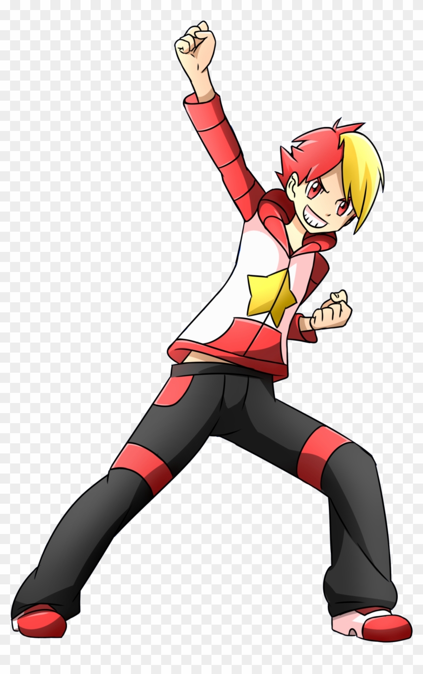 Energetic anime-style character with red-and-yellow hair, red hoodie, and star emblem, striking a dynamic victory pose.