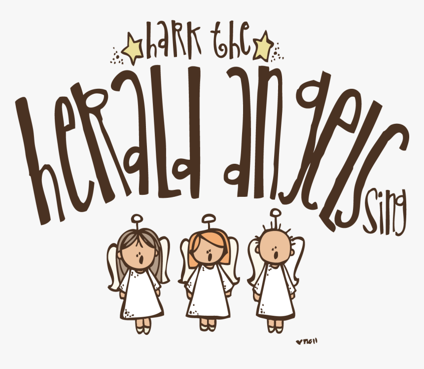 Three cartoon angels singing beneath the phrase "Hark the Herald Angels Sing" with stars and hand-drawn lettering.