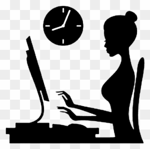 Silhouette of a woman working at a computer with a clock overhead, symbolizing time management and productivity.
