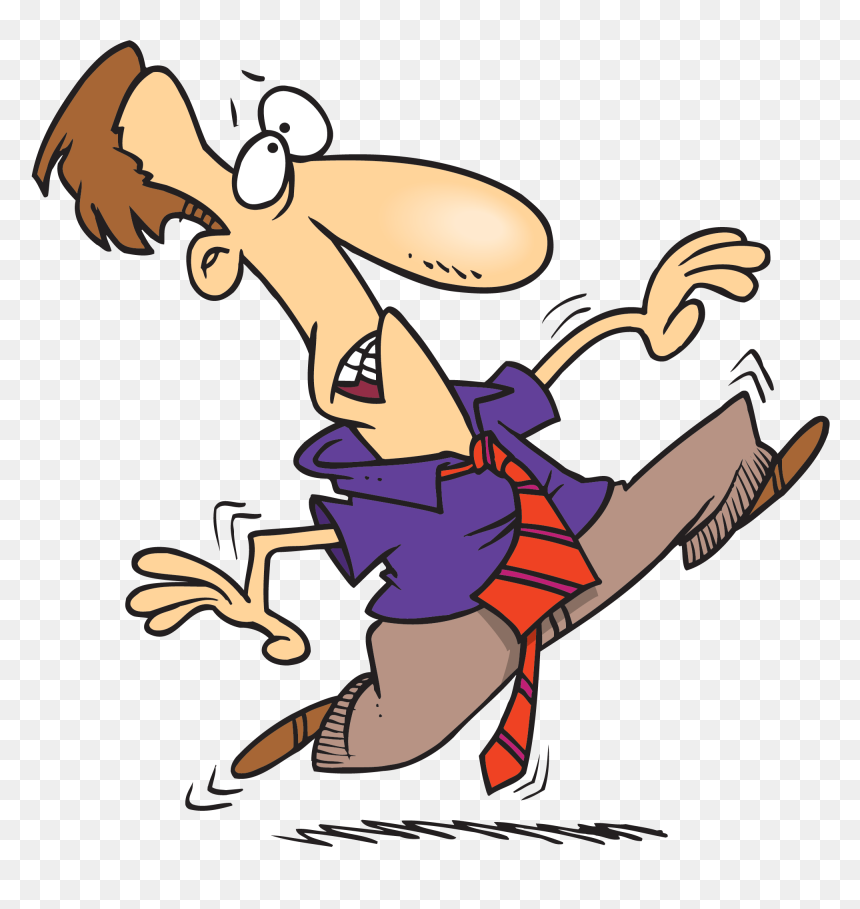 Cartoon man in purple shirt and red tie tripping mid-fall with exaggerated panic expression.