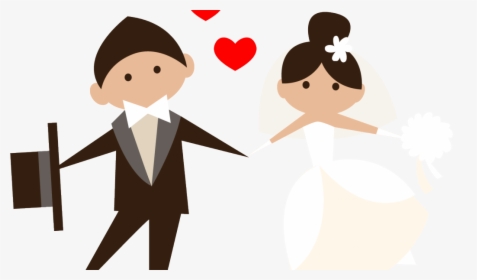 Cartoon bride and groom holding hands with hearts floating above, celebrating their wedding day.